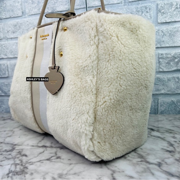 Kate Spade Everything Racing Stripe Faux Shearling Large Tote In Cream Multi - Picture 5 of 16
